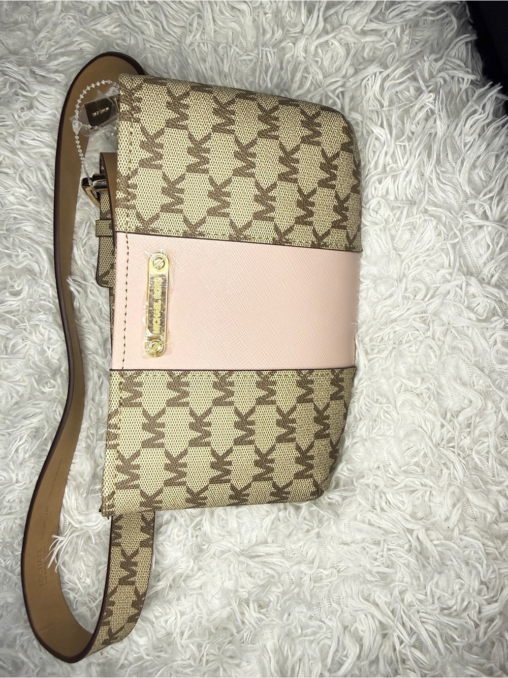 Michael Kors Beige Logo Canvas with Pale Pink Leather Center Crossbody - Picture 2 of 4